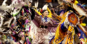 Participants dancing at the 50th Annual Denver March Powwow, March 20–22, 2026